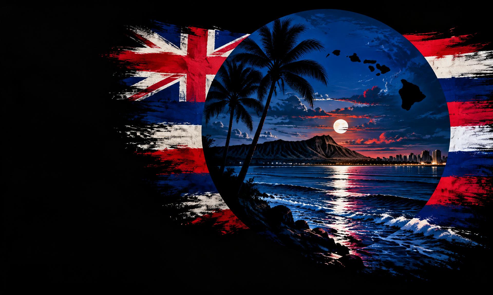 Hawaiian flag colors and Diamond Head above an illuminated ocean